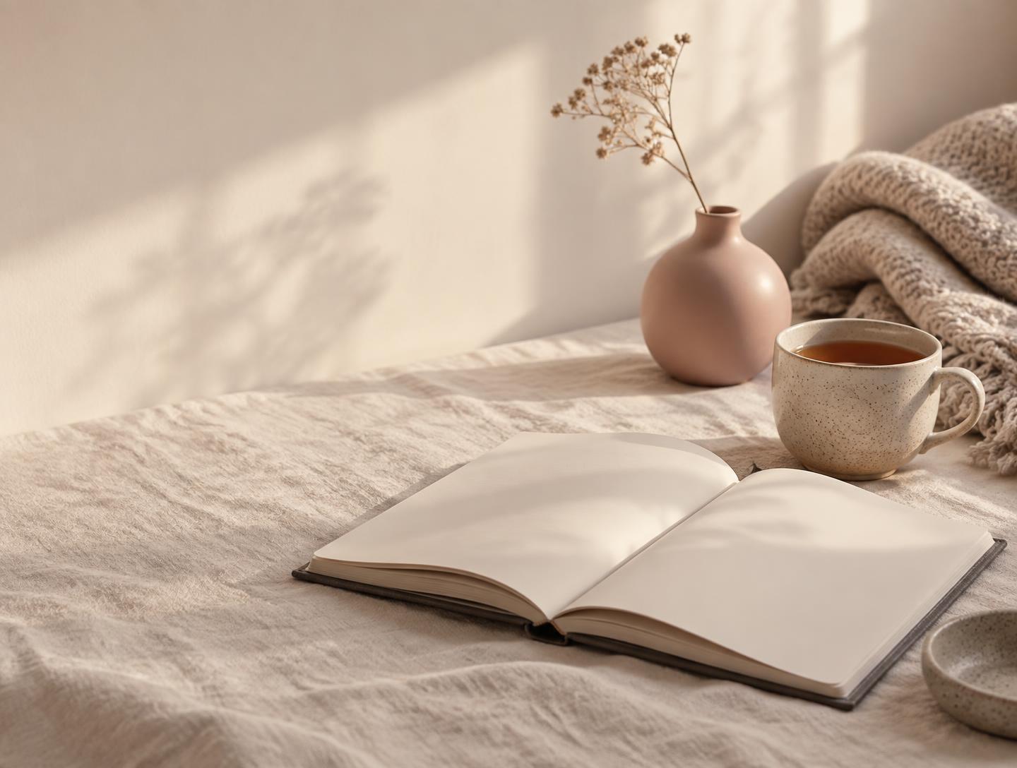 A calm, sunlit desk with an open notebook, tea and soft textures